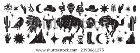 Linocut western boho set, engraving Texas desert print collection, vector canyon wildlife, cactus. Texture grunge Arizona rodeo graphics, bull, horse, snake, skull silhouette. Mystic linocut western