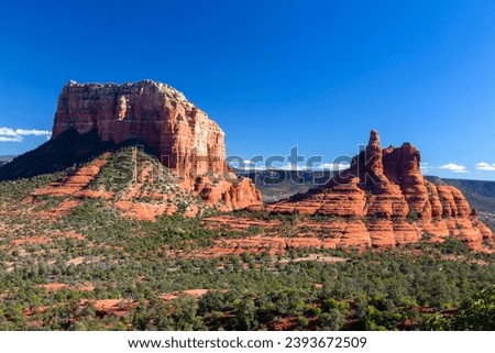 
Bell Rock and Courthouse Butte Sandstone Cliff Butte Landmark. Scenic Red Rock State Park Landscape Aerial View, Blue Skyline, Oak Creek Sedona Arizona Southwest USA Royalty-Free Stock Photo #2393672509