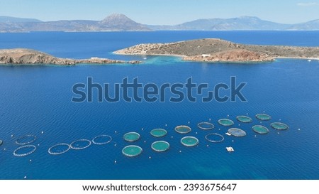 Aerial drone photo of sea bass small fish farming unit or fishery operating in small Mediterranean bay with calm sea using cages to breed fish