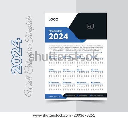 Single page wall calendar 2024 design template, modern and clean style vector one page calendar design 2024, a4 vector template Royalty-Free Stock Photo #2393678251