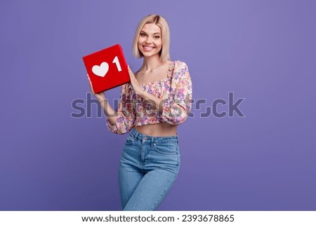 Photo of gorgeous positive person hands hold like notification follow icon isolated on violet color background