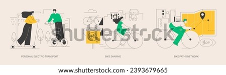 Urban transportation abstract concept vector illustration set. Personal electric transport, bike sharing application, cycling path network, city map, eco-friendly traffic abstract metaphor.