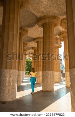 Columns stone aqueduct of a building designed by Gaudi in park Guel in Barcelona. High quality photo