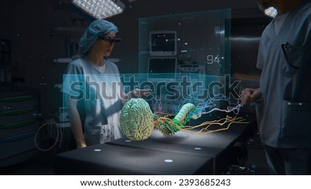 Medical professionals in AR headsets work in operating room using holographic display. 3D graphics of virtual human skeleton and organs. Technology of AI-assisted surgery. Healthcare innovation.