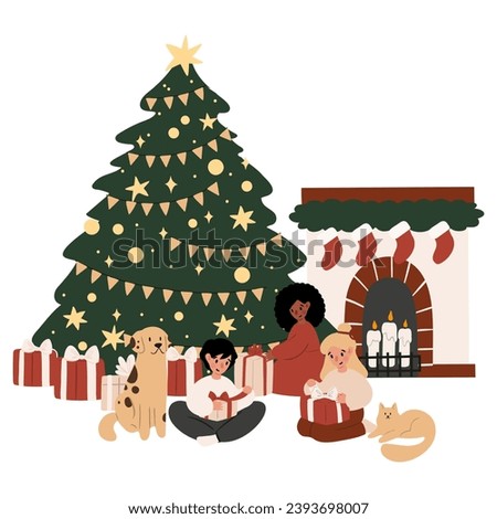 Merry Christmas vector illustration with scenes of family decorating Christmas tree, character giving present, children opening gifts, festive interiors, Flat style images clipart, fireplace clip art.