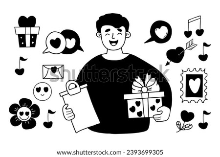 Love romantic doodles set. Cute male courier with gift, heart with arrow, love symbols, valentines, notes and letter. Vector isolated hand drawn drawings for festive decoration for Valentine Day