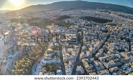 Athens, Greece Beautiful view of  ancient acropolis city at sunrise. Central town area. Athens view from above from a drone