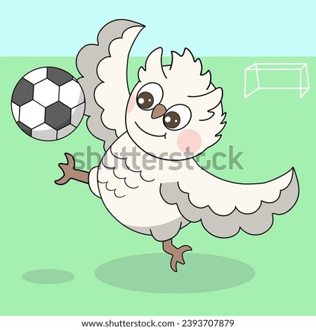 Owl football player with outstretched wings kicks the ball high. Cartoon vector illustration of sport.