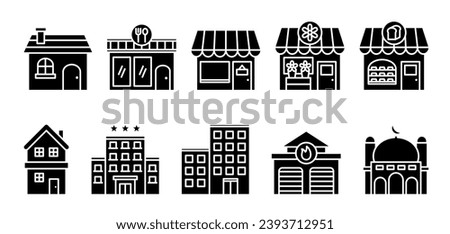 Set of house and building solid icon. Residence, restaurant, shop, flower shop, bakery, hotel, office, fire station, mosque.