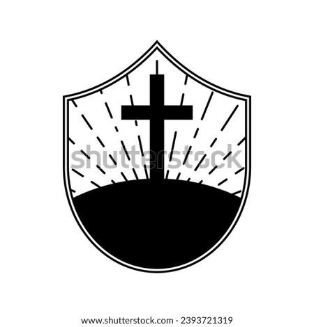 Christian church logo icon isolated. Sunrise, dawn, Christian cross and shield. Black linear religious sign. Vector illustration