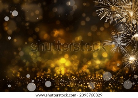 Abstract bokeh light and  golden glitter background. with firework for Christmas, and New Year celebration