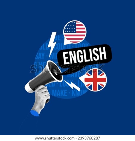 English, megaphone, learning English, teaching English, message in English, promotion in another language, United States, England Royalty-Free Stock Photo #2393768287