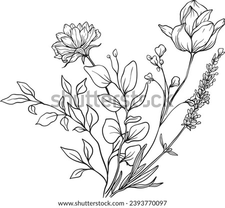 Wild flowers arrangement line art. Hand drawn line floral, leaves branches and blooming. Wedding elegant wildflowers for invitation save the date card. Vector