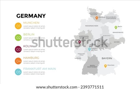 Germany map infographics with editable separated layers, zones, elements and district area in vector