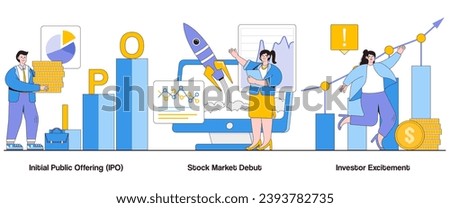 Initial public offering, stock market debut, investor excitement concept with character. IPO Launch abstract vector illustration set. Investor anticipation, stock market entry metaphor. Royalty-Free Stock Photo #2393782735