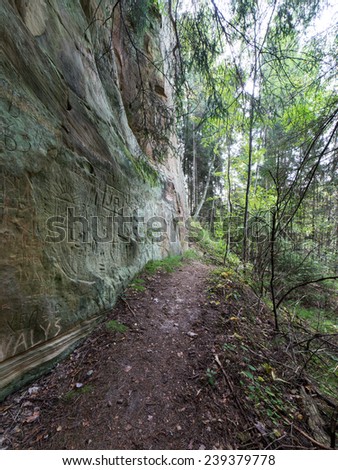 ancient sandstone cliffs with inscriptions in the Gaujas National Park, Latvia