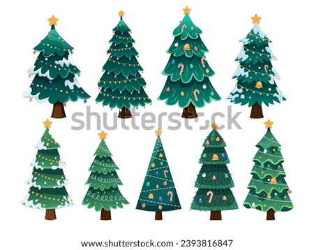 Christmas trees vector illustration set showcasing a diverse collection of beautifully decorated pine trees. From traditional to modern designs, these festive trees add charm and cheer to any design.