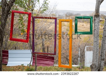 Party decorations, colorful squares in yard
