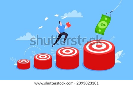 Businessman runs and jumps from small target goal to reach bigger target goal achievement flat style design vector illustration. Career growth and ladder of success path objective business concept.