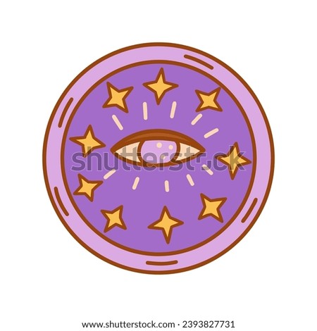 Stylish purple plate with third eye in center and yellow stars. Theme of spirituality and awareness. Kitchen utensils, tableware. Colorful vector isolated illustration hand drawn doodle icon clip art