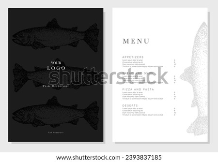 Fish restaurant menu template with hand-drawn fish. Sample design in vintage engraving style. Brand style vector illustration. Vector menu brochure template for cafe, coffee house, restaurant, bar.