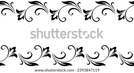Vintage frame, border of stylized leaves, flowers and curls in black lines on white background. Horizontal top and bottom edging, decoration. Vector backdrop, wallpaper Royalty-Free Stock Photo #2393847119