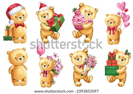 Set cute Teddy bears gift, watercolor Hand Painted Illustration on a isolated white background. Holiday clip art