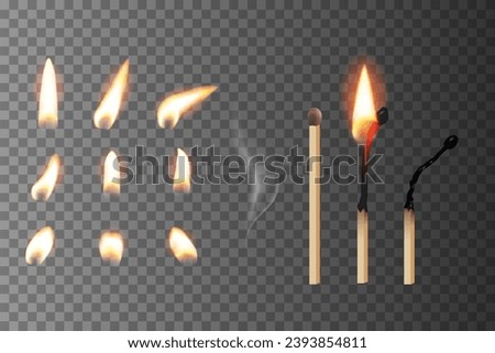 Match sticks with flame sequence set. Wooden match burning cycle. New, blazing, burned, blown out matchsticks. Realistic vector illustration. Lights and flames design on transparent background. Royalty-Free Stock Photo #2393854811