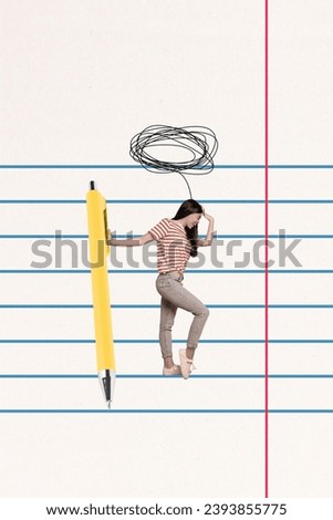 Creative artwork poster collage of girl standing over copybook page with pen think smart while writing school test