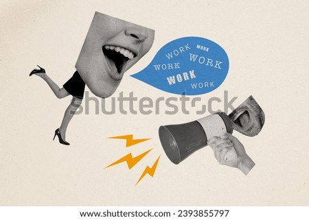 Photo collage picture of excited smiling hr looking for workers screaming announcement toa isolated beige color background