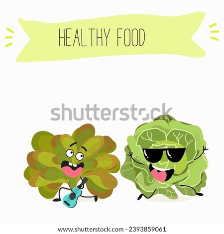 Vector cartoon funny character cute character buttery half head lettuce, analotta, buttery salad. Healthy food.
Vegetarianism. Lettuce leaves.