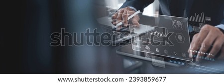 Data science, business intelligence concept. Business man using laptop and ai program analyzing business data and marketing, financial report, software development, innovation technology Royalty-Free Stock Photo #2393859677