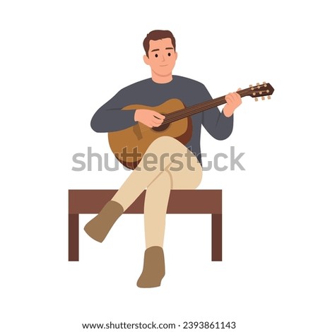 Young Man Sitting on High Chair Playing Acoustic Guitar. Flat vector illustration isolated on white background