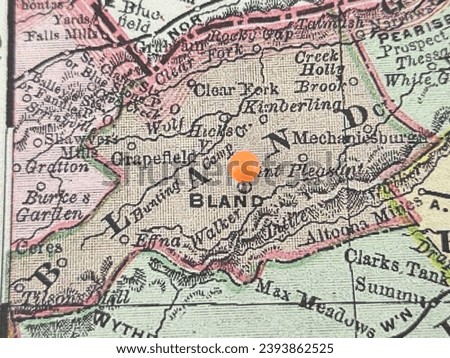 Bland County, Virginia marked by an orange tack on a colorful vintage map. The county seat is located in Bland, VA. Royalty-Free Stock Photo #2393862525