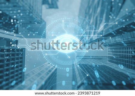 Futuristic digital eye icon overlaying cityscape, symbolizing computer vision and surveillance technology Royalty-Free Stock Photo #2393871219