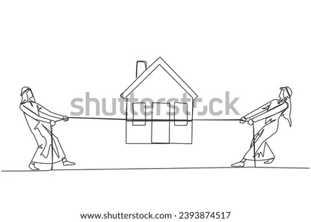 Continuous one line drawing two Arabian businessmen fight over a miniature house. The struggle to achieve dream home. Investment that won't make a loss. Single line draw design vector illustration