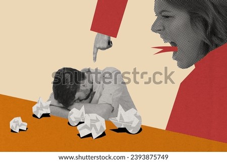 Artwork template collage comics of aggressive angry boss shouting employee work hard isolated on drawing background
