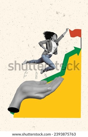 Photo collage of profitable season for business lady climbing top reach the finish flag progress isolated on white color background