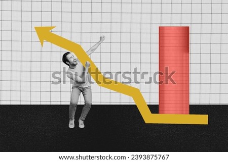 Photo collage of funny lucky investor in crypto coins businessman looking growing graphic token nft isolated on checkered background