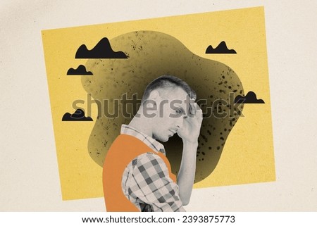 Photo collage artwork picture of stressed depressed guy feeling loneliness isolated creative background