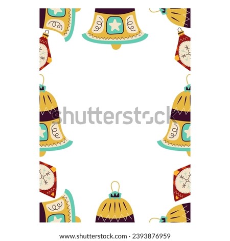 Christmas frame card. Winter season cozy poster. New Year banner template with yellow and red tree toys. Stock vector design