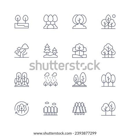 Forest icon set. Thin line icon. Editable stroke. Containing trees, tree, reforestation, forest, forest fire, woods, nature.