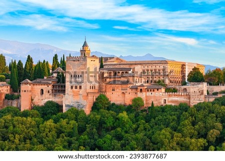 The Alhambra aerial panoramic view. The Alhambra is a fortress complex located in Granada city, Andalusia region in Spain. Royalty-Free Stock Photo #2393877687