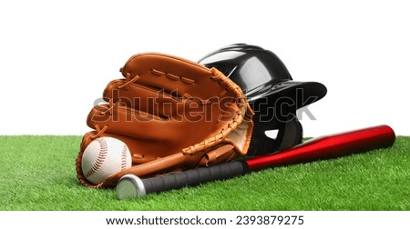 Baseball bat, ball, batting helmet and glove on artificial grass against white background