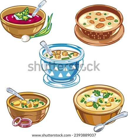 Vector set of bowls of soup with vegetables, mushrooms, chicken, Russian borscht soup, tomato and lentil soup on white background. Royalty-Free Stock Photo #2393889037