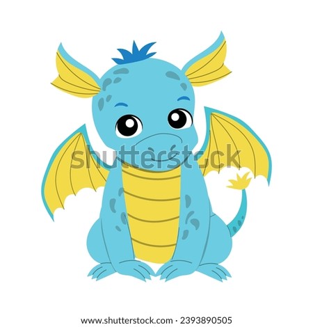 Cartoon baby blue dragon sitting. Fantasy character vector illustration