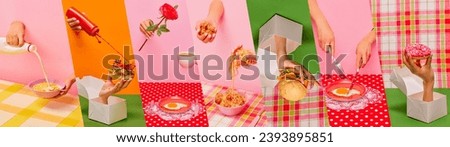 Collage. Different types of food, burger, eggs, donuts, cereal over multicolored background. Yummy. Concept of taste, creativity and art, food and breakfast, creativity