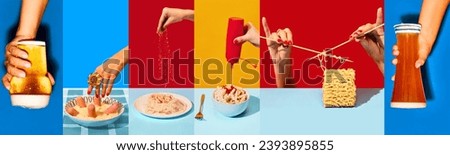 Collage. Different types of food and beer on multicolored background. Dinner time. Noodles, pasts, potato and sausages. Food pop art photography. Complementary colors