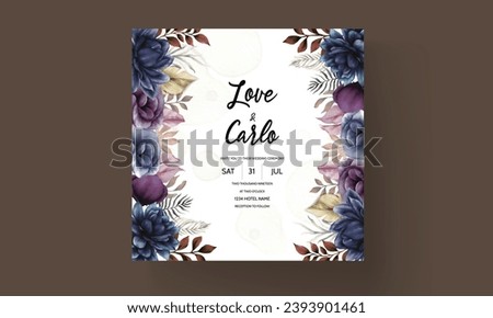 Elegant wedding card template with classic blue flower and leaves