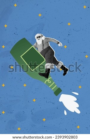Vertical collage picture of mini black white colors santa grandfather flying huge champagne bottle isolated on blue night sky stars background